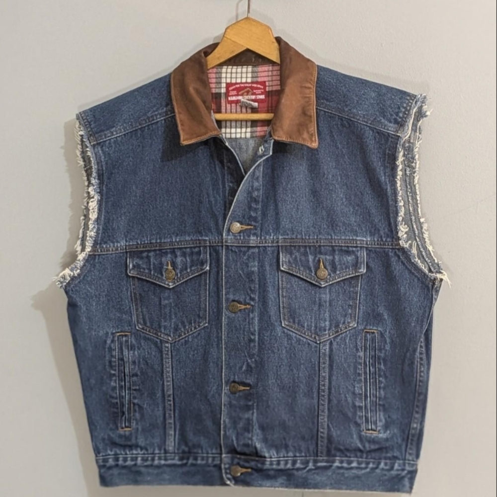 (M) Marlboro Country Store Blue Vintage Blue Denim Vest with Real Leather Collar